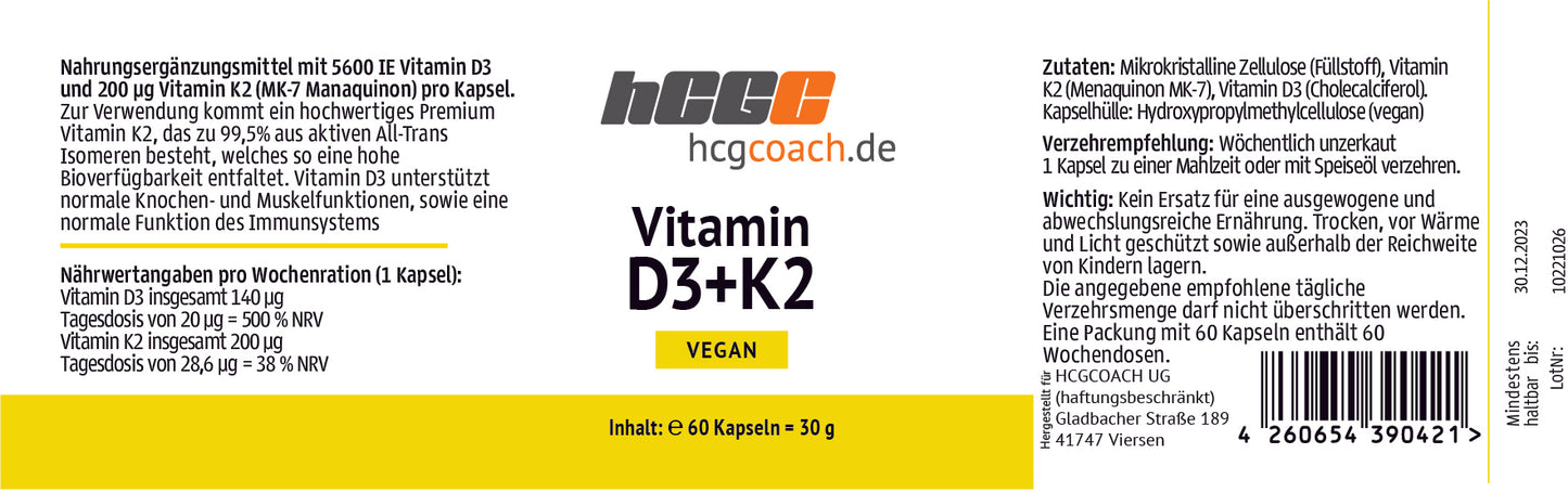 hCGC® Vitamin D3 / K2 - Dose mit 60 Kapseln à 5600IE, 500 mg